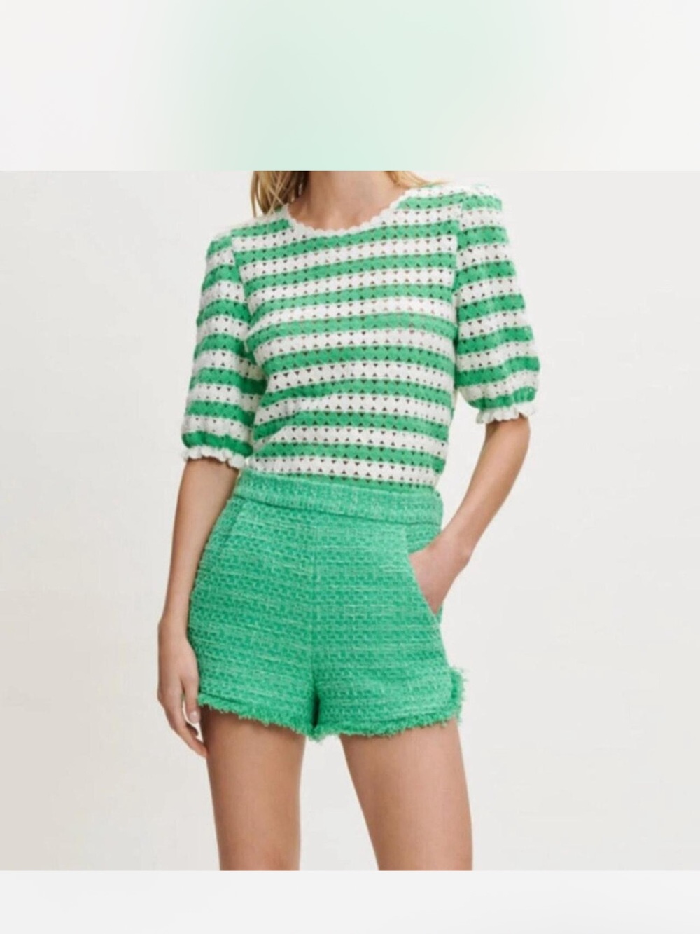 Maje green Ivete frayed-hem tweed mini shorts
